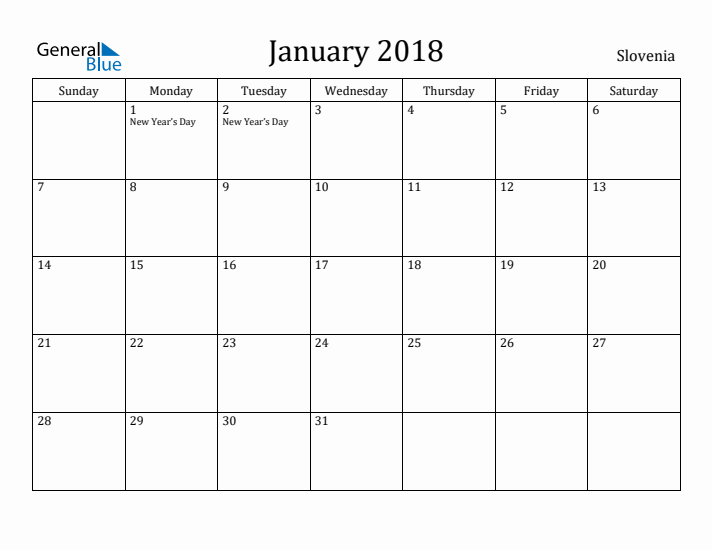 January 2018 Calendar Slovenia