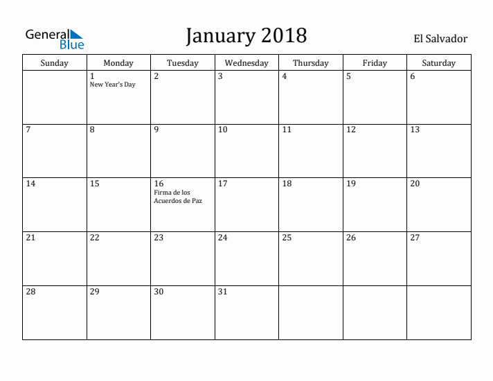 January 2018 Calendar El Salvador