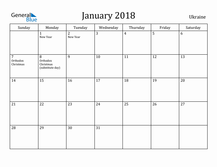 January 2018 Calendar Ukraine