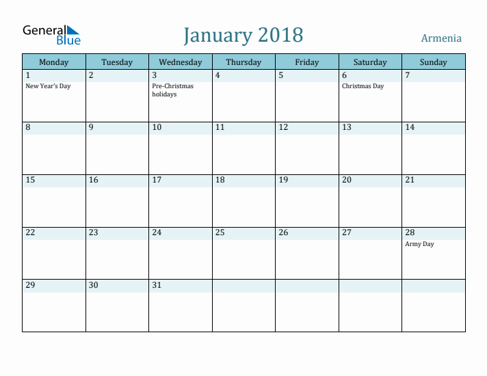 January 2018 Calendar with Holidays