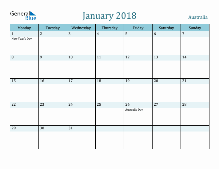 January 2018 Calendar with Holidays