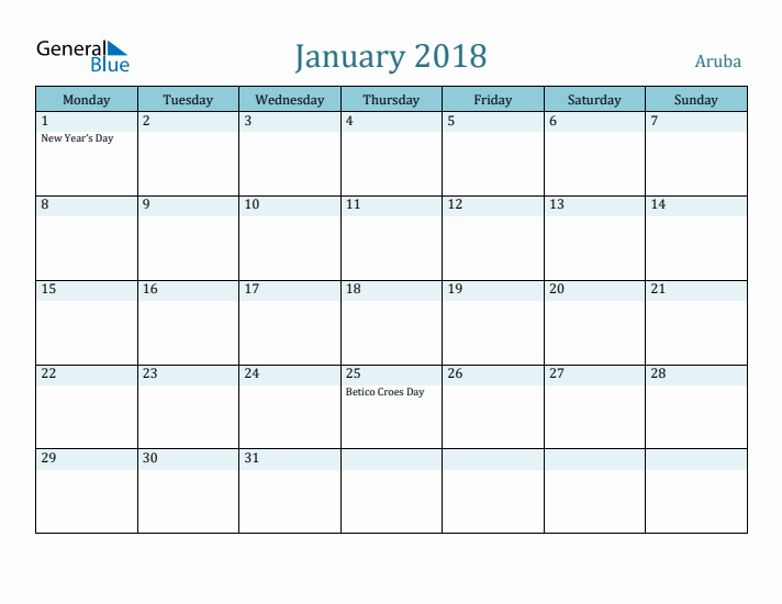 January 2018 Calendar with Holidays