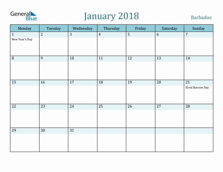 January 2018 Calendar with Holidays