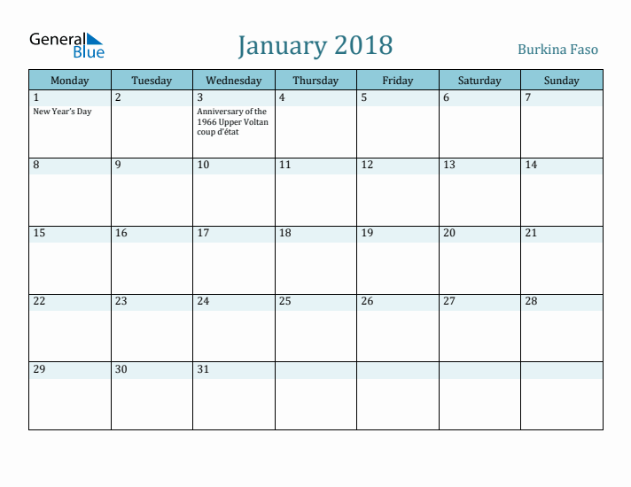 January 2018 Calendar with Holidays