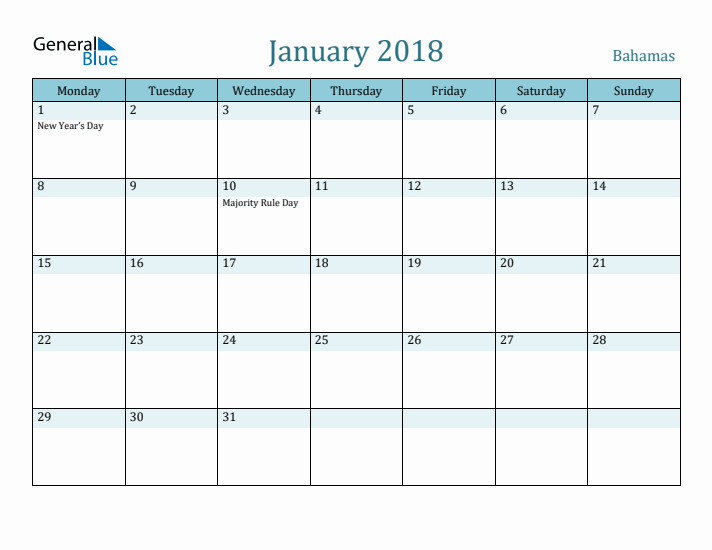 January 2018 Calendar with Holidays