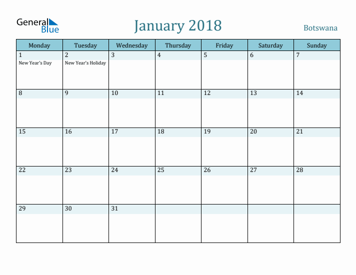 January 2018 Calendar with Holidays