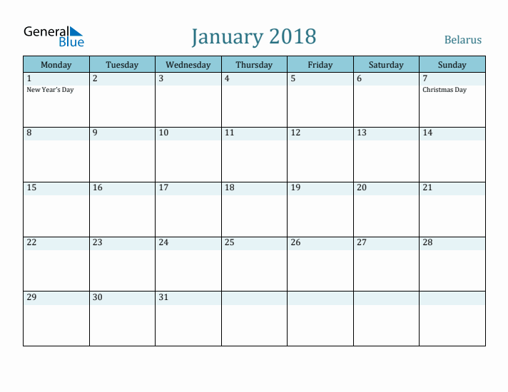 January 2018 Calendar with Holidays