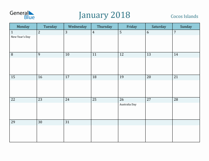 January 2018 Calendar with Holidays