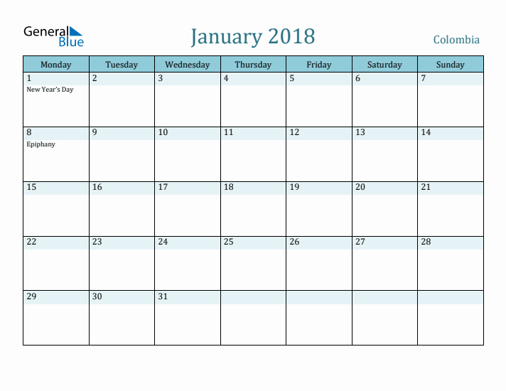 January 2018 Calendar with Holidays