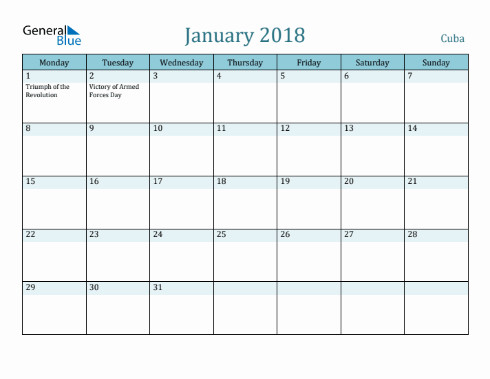 January 2018 Calendar with Holidays