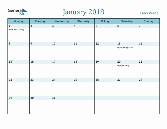 January 2018 Calendar with Holidays