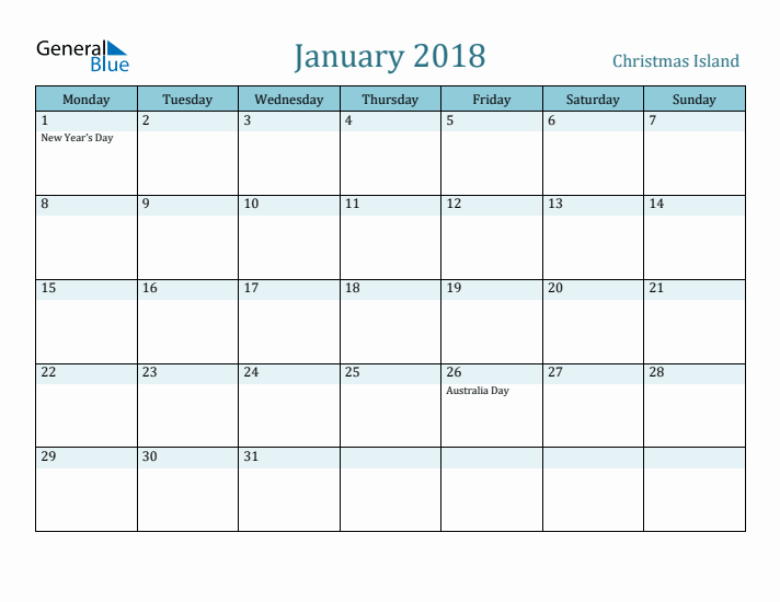 January 2018 Calendar with Holidays