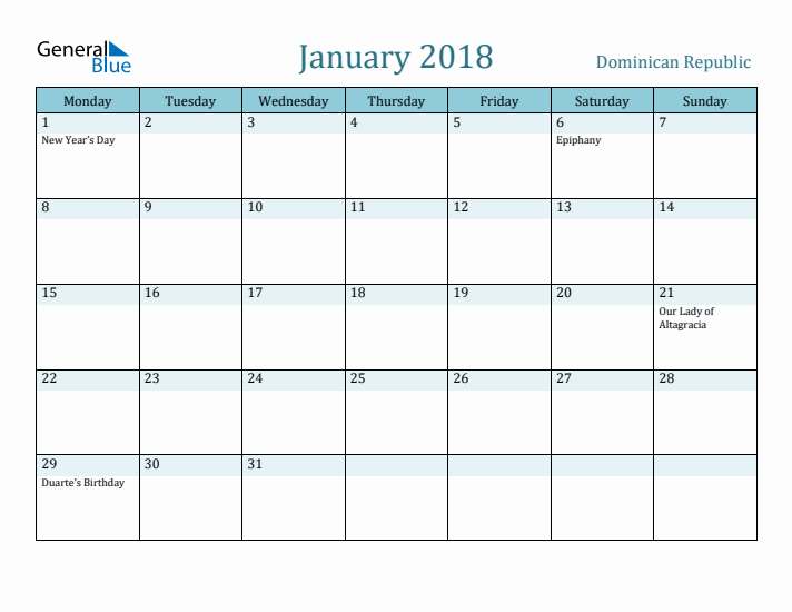 January 2018 Calendar with Holidays