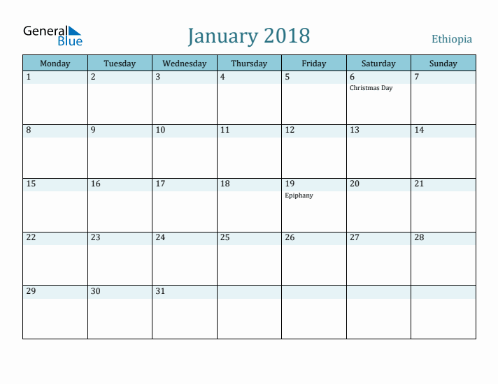 January 2018 Calendar with Holidays