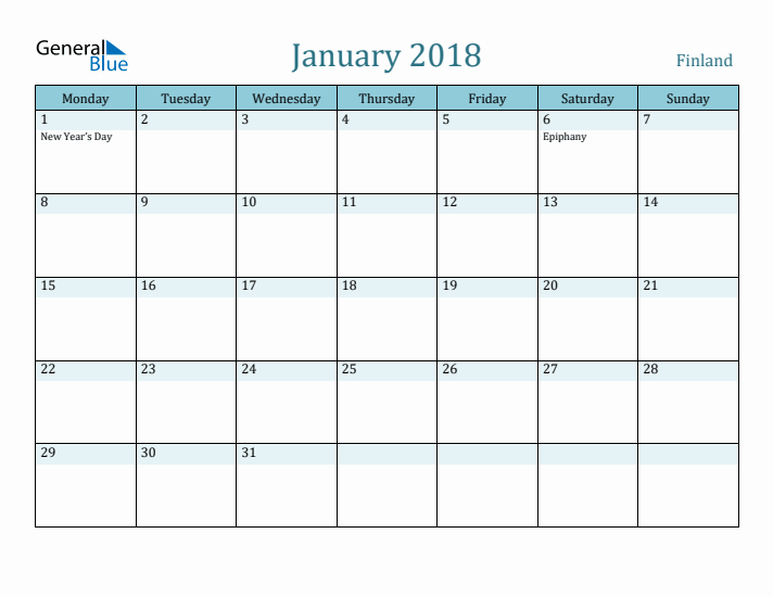 January 2018 Calendar with Holidays