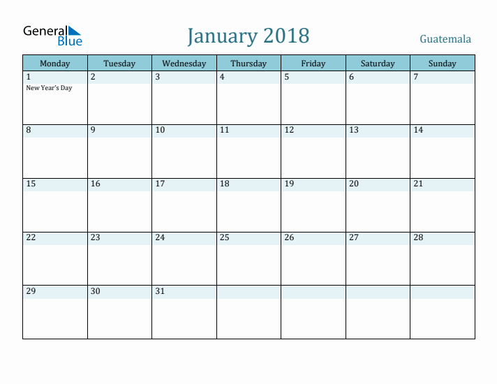 January 2018 Calendar with Holidays