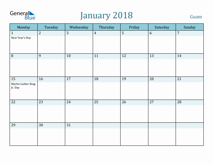 January 2018 Calendar with Holidays