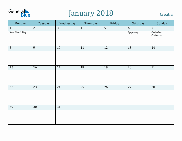 January 2018 Calendar with Holidays