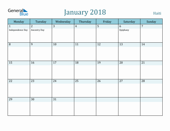 January 2018 Calendar with Holidays