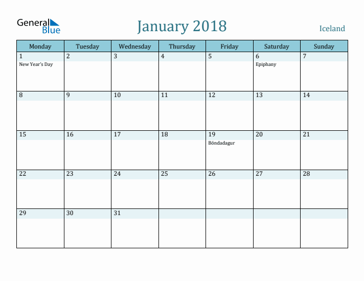 January 2018 Calendar with Holidays