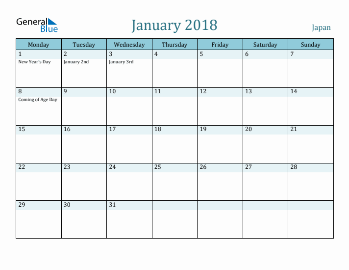 January 2018 Calendar with Holidays