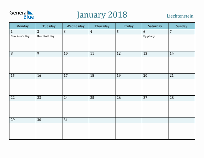 January 2018 Calendar with Holidays