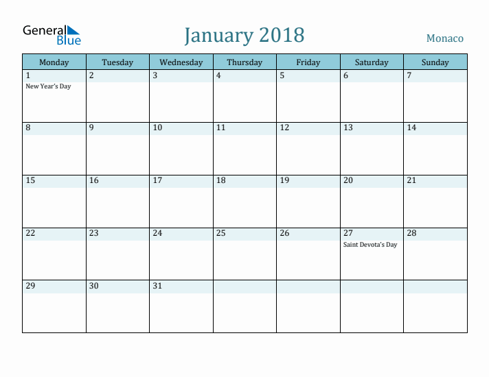 January 2018 Calendar with Holidays