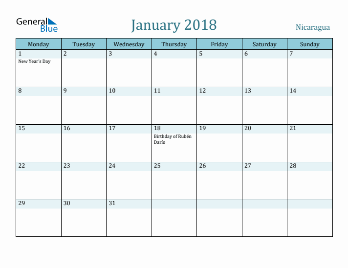 January 2018 Calendar with Holidays