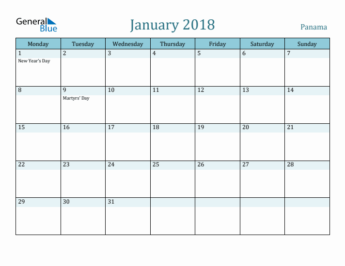 January 2018 Calendar with Holidays