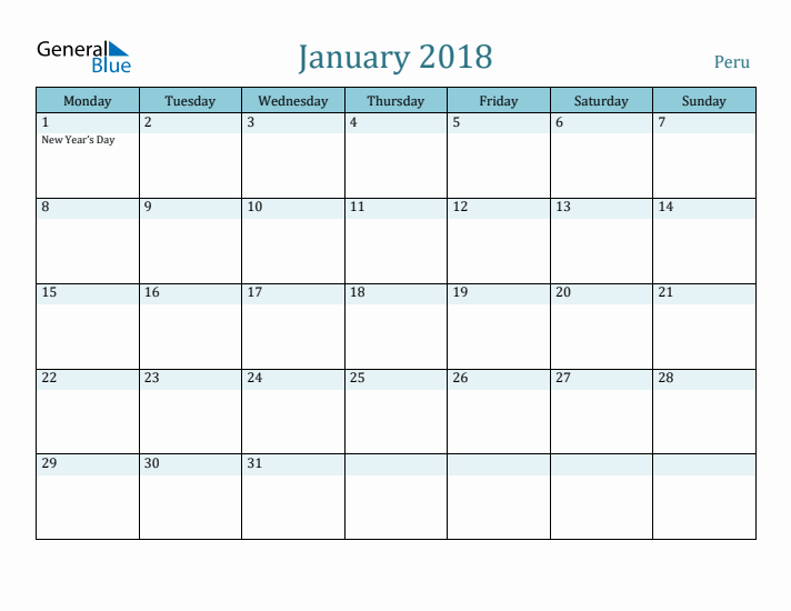 January 2018 Calendar with Holidays