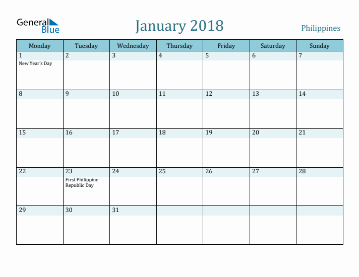 January 2018 Calendar with Holidays