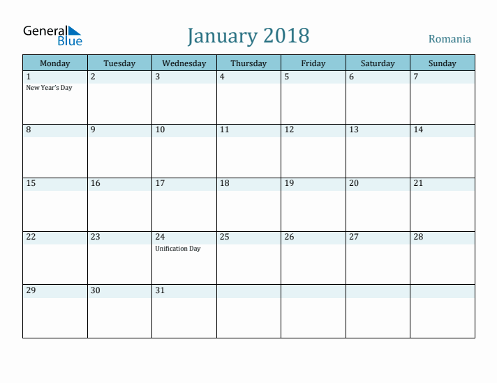 January 2018 Calendar with Holidays