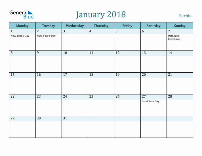 January 2018 Calendar with Holidays