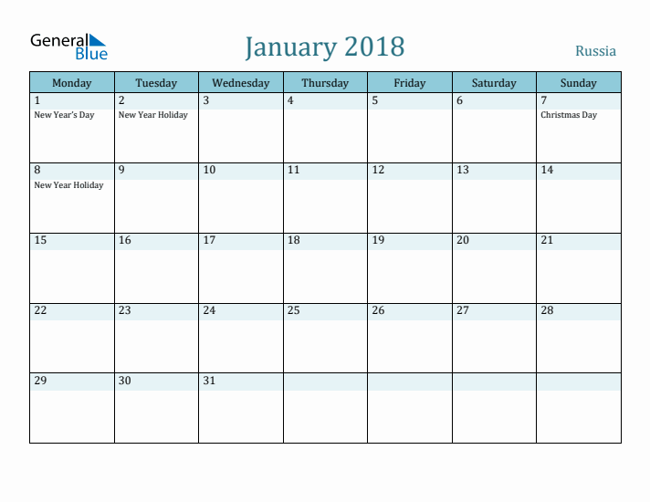 January 2018 Calendar with Holidays