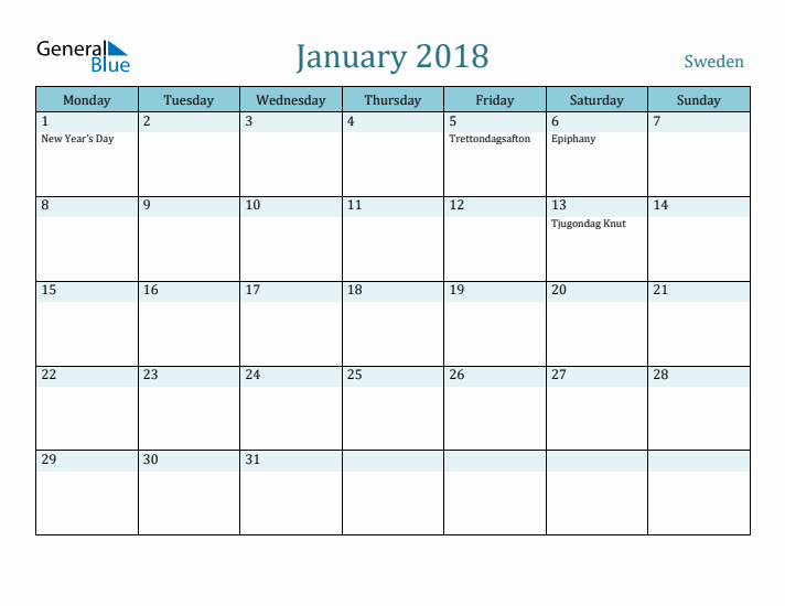 January 2018 Calendar with Holidays