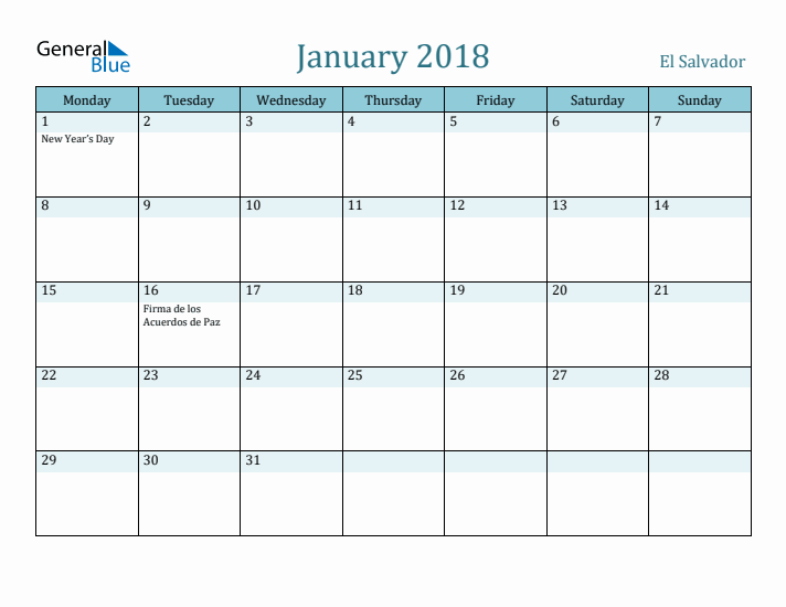 January 2018 Calendar with Holidays