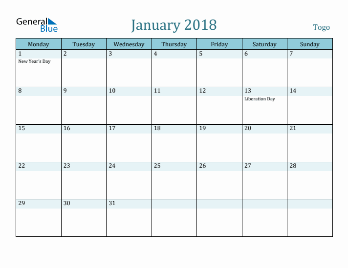 January 2018 Calendar with Holidays