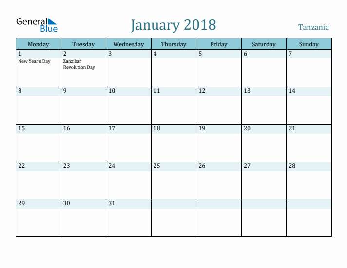 January 2018 Calendar with Holidays