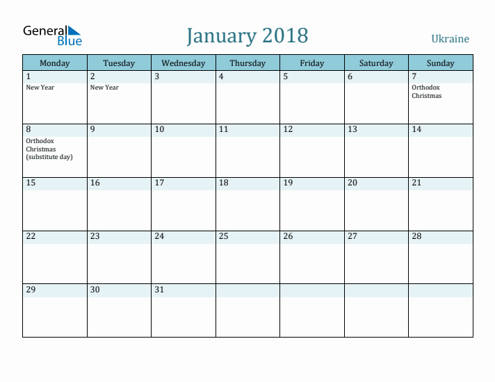 January 2018 Calendar with Holidays