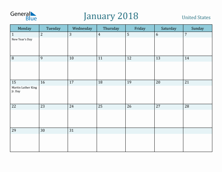 January 2018 Calendar with Holidays