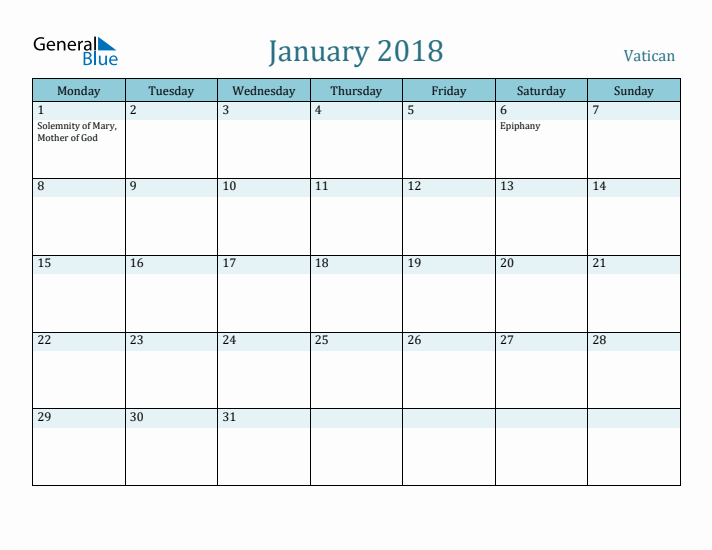 January 2018 Calendar with Holidays