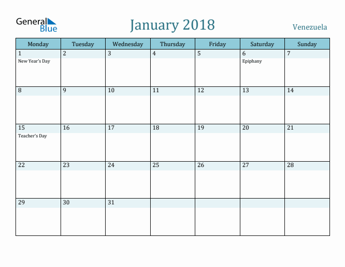 January 2018 Calendar with Holidays