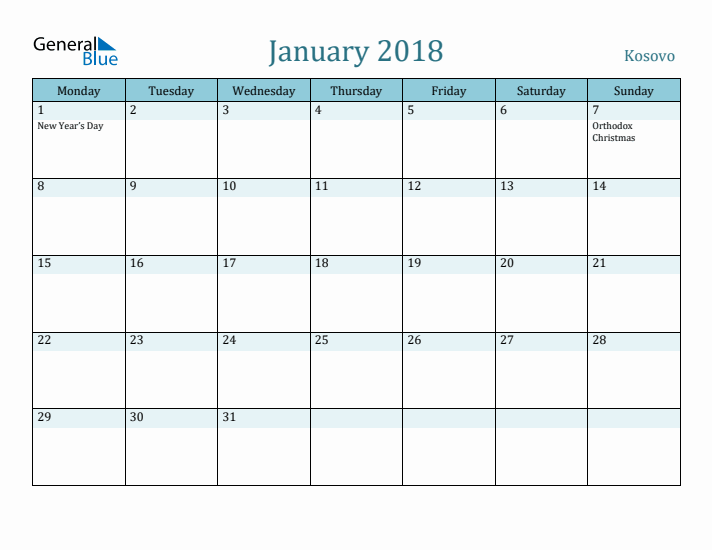 January 2018 Calendar with Holidays