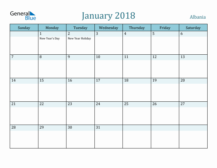 January 2018 Calendar with Holidays