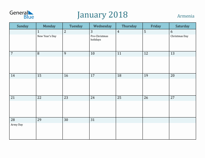 January 2018 Calendar with Holidays