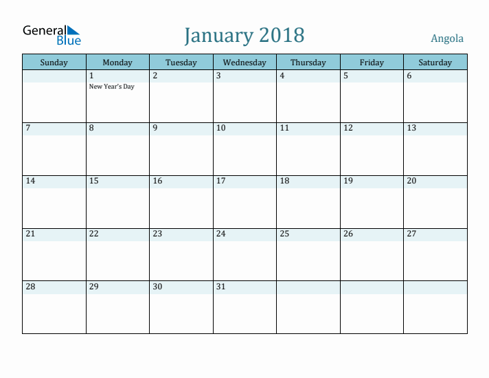 January 2018 Calendar with Holidays