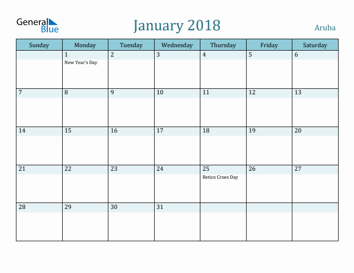 January 2018 Calendar with Holidays