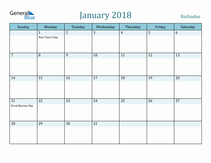 January 2018 Calendar with Holidays