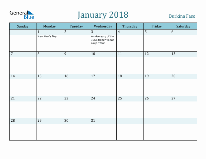 January 2018 Calendar with Holidays