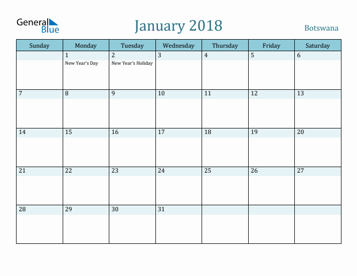 January 2018 Calendar with Holidays